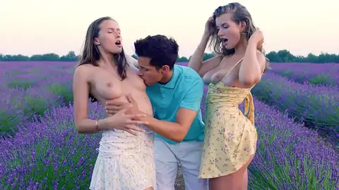 A duo of blondie femmes have a three way with a twink