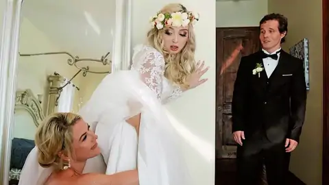 The groom catches the wife scissoring a lesbian