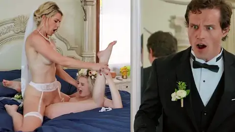 The groom catches the wife scissoring a girl/girl