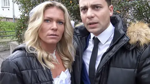 Wearing a wedding dress and white stockings for the cuck fun