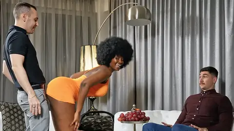 Dark-hued beauty on her knees gives husband's chief a suck off