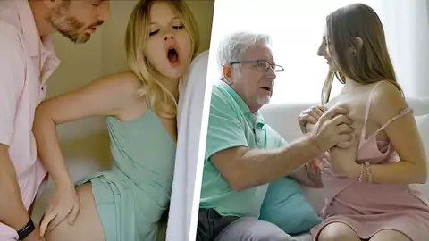 Step granddad and stepdad pounds teens with hair pulling