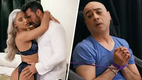 Boy with bound mitts is attempting to pulverize a platinum-platinum-platinum-blonde lady